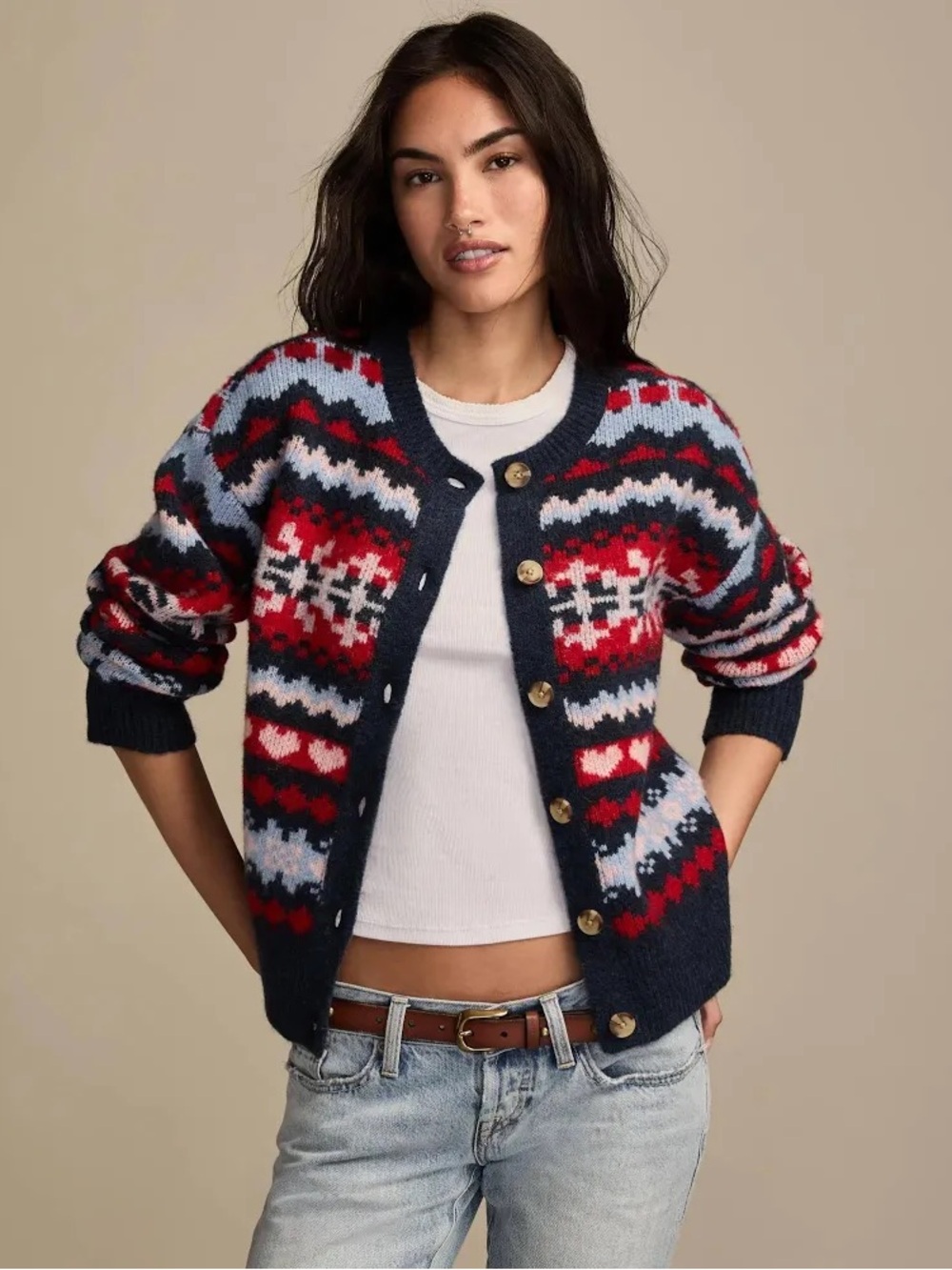 Lucky Brand Navy Fair Isle Button-Front Cardigan with Red and Light Blue NWT